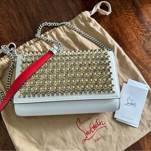 NEW Christian Louboutin White Paloma Clutch Crossbody Multi Spikes Calf Paris